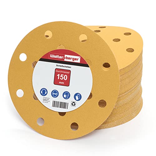 Woltersberger® 50 Stück Exzenter Schleifscheiben Ø 150mm | Körnung P180 | 15 Loch in gold | Schleifpapier für optimales schleifen, vielseitig einsetzbar von Woltersberger