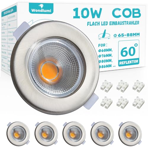 6er LED Einbaustrahler 10W Set LED Spot Gebürstet Edelstahl Deckenspots 2700K Warmweiß Einbauleuchten 65-88mm Lochmaß 850LM für Schlafzimmer Wohnzimmer von Wondlumi