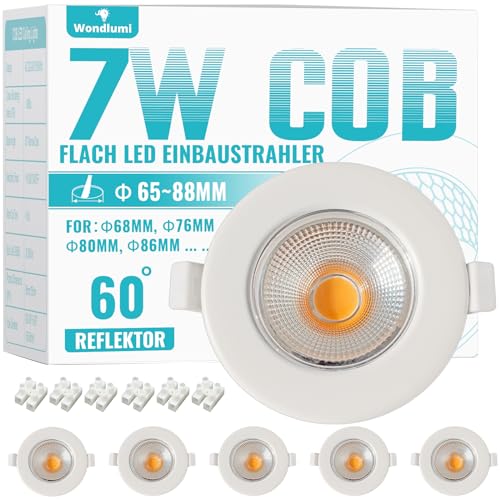6er LED Einbaustrahler 7W Set LED Spots Flach 33mm Rund Weiß Deckenspots 2700K Warmweiß 600LM Einbauleuchten 230V für Küche Wohnzimmer von Wondlumi