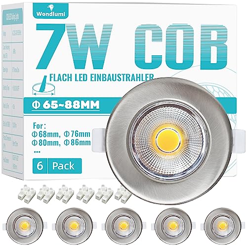 Wondlumi 6er LED Einbaustrahler 230V 7W Set Flach 33mm LED Spot Rund Gebürstet Edelstahl Einbauleuchten 5000K Kaltweiß 600LM Einbauspots von Wondlumi