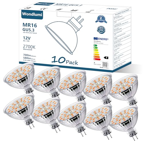 Wondlumi LED Leuchtmittel 12V GU5.3 LED Lampe 6.5w Warmweiß 2700K Glühbirnen Ersatz für 60W MR16 LED Birnen 12V AC/DC, Nicht Dimmbar 10er Pack von Wondlumi