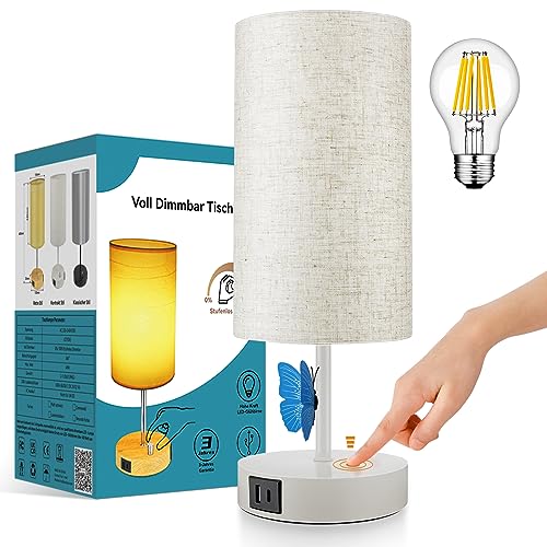 Wondlumi Touch Dimmbar Nachttischlampe mit USB Ladefunktion, Kleine Tischleuchte Weiß mit Schirm, Modern Tischlampe E27 für Geschenk Schlafzimmer, inkl. 6W Warmweiß LED-Birne von Wondlumi