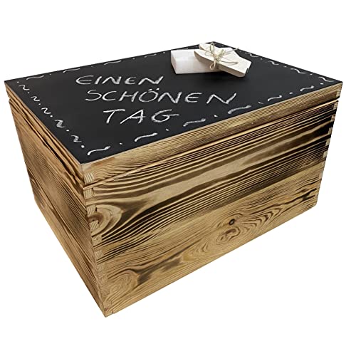 WoodGall Holzkiste mit Deckel groß 40×30×22cm – Aufbewahrungsbox Holz mit Deckel zu Hause – Holzbox Kiefer geflammt – Spielzeug Kiste Holz – Idee für eine Geschenkbox Holz - Deckel als Kreidetafel von WoodGall