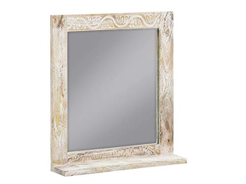 Woodkings® Spiegel 67x70cm Bitna Mango Holz natir weiß rustikal Badspiegel mit Schnitzerei Wandspiegel mit Ablage Badmöbel Badezimmermöbel Massivholz von Woodkings