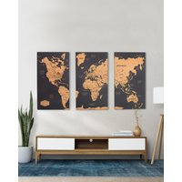 3 Panel Weltkarte Wandkunst Über Dem Bett Dekor, Push Pin Reisekarte, Große Holz 5. Jahrestag Geschenk von WoodyWoodUA