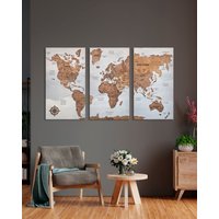 3Er Set Wandkunst Holz Weltkarte Wandkunst, Push Pin Wanddekor, Personalisierte Reisekarte Mit Pins, Wohnungsdekor Neues Haus Geschenk von WoodyWoodUA