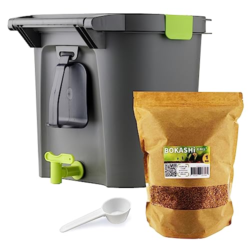 ﻿ Bokashi Confort 14 Liter, hochwertiger organischer Komposter mit Kompaktor und 1kg Gärungsaktivator | Komplettes Set von WormBox