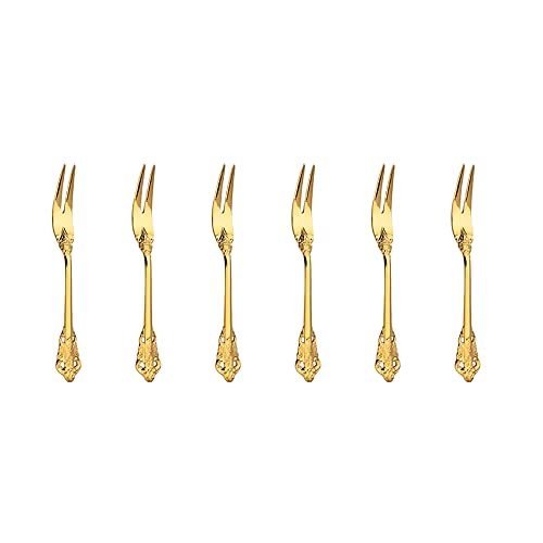 WULUN Golden Besteck-Set Barock, aus 18/10 Edelstahl Spiegelpolierte, ideal für Haus, Küche, Restaurant, Hochzeit, Partys, Nachmittagstee, 2 Zinken Obst Gabel Schneckengabel 6-teiliges, Länge 16.5cm von WULUN