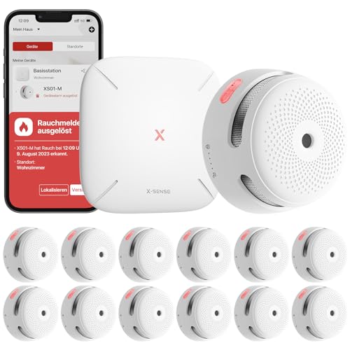 X-Sense Smart Rauchmelder XS01-M mit SBS50 Basisstation, TÜV-Zertifiziert, Funkrauchmelder mit WLAN, vernetzbarer Feuermelder, kompatibel mit der X-Sense Home Security App, FS121, 12 Stück von X-Sense