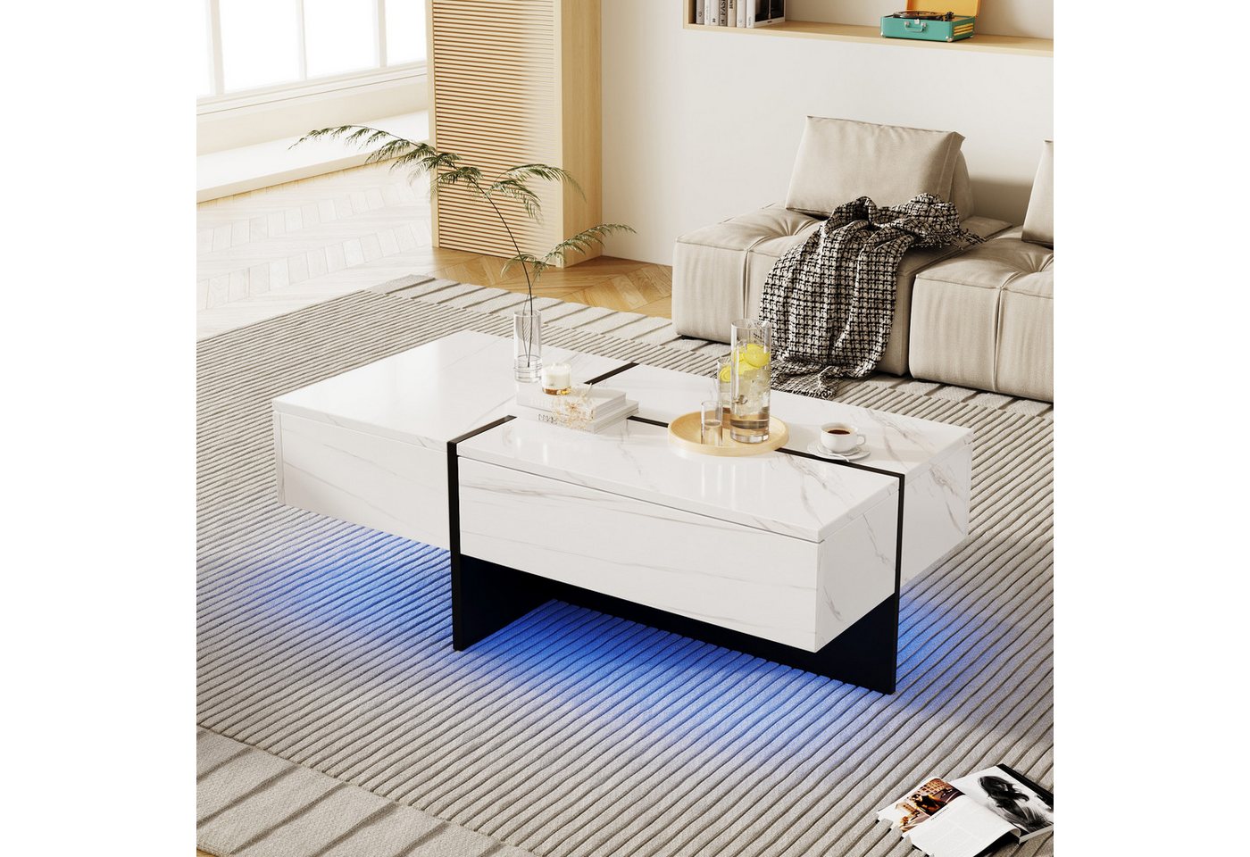 XDOVET Couchtisch Hochglanz Couchtisch, Marmorimitat und farblich passender Tisch, Wohnzimmermöbel, mit App-gesteuertem LED-Beleuchtungssystem von XDOVET