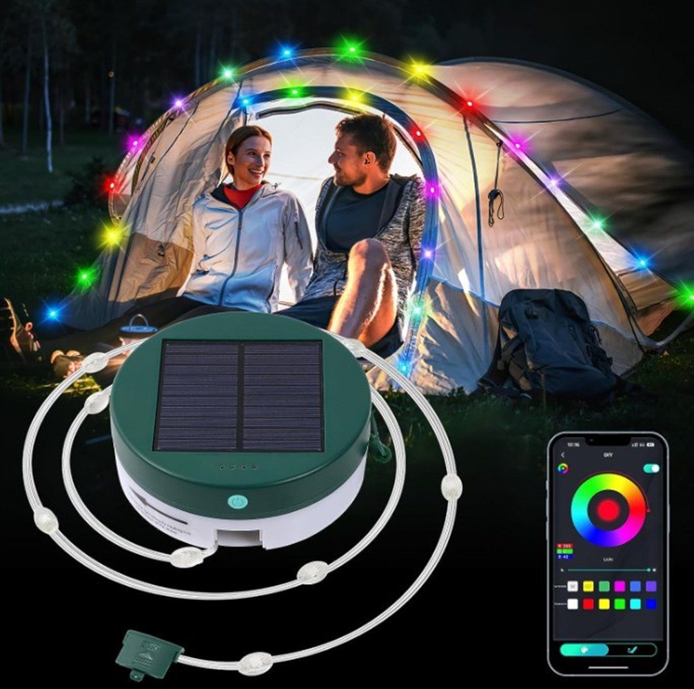 XDOVET LED-Lichterkette Tragbare Solar Lichterkette Aussen,RGB 5M IP65 Wetterfest Camping, Lichterkette, 33 LEDs Dimmbar, Timer, Multi Modi Solar Lichterkette von XDOVET