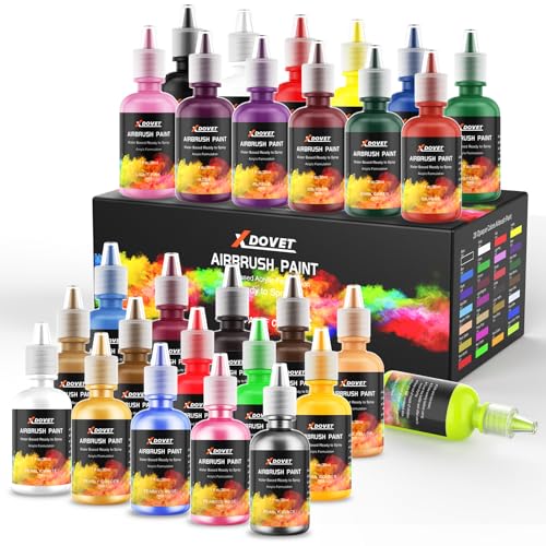 XDOVET Modellbau Farben Airbrush Set 28 Farben/30ml, Airbrush lack enthalten Metallic und Neonfarben, wasserabweisende und schnell trocknend Modelle für Künstler, Anfänger Malen und Studenten von XDOVET
