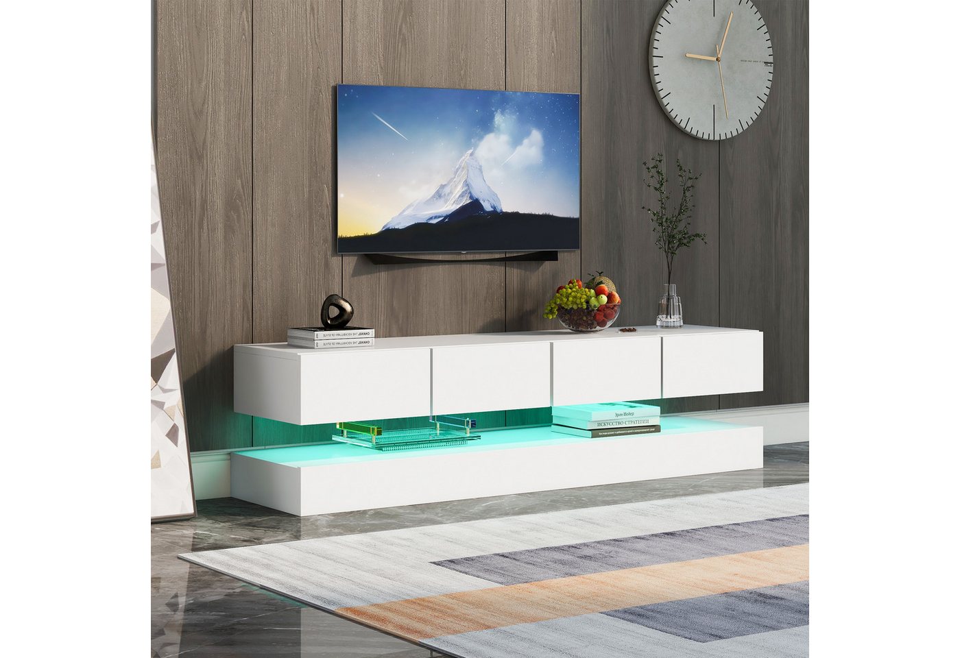 XDOVET TV-Schrank 16-farbige LED-Beleuchtung Wandmontierter TV Lowboard TV-Ständer mit 2 Schränken und 4 großen Schubladen, 130*33*15cm von XDOVET