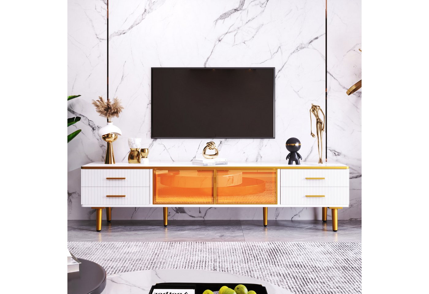 XDOVET TV-Schrank Fernsehschrank mit 4 Schubladen Goldenen Griffen, 170cm TV-Lowboard für Wohnzimmer 2 Braune Türen aus Gehärtetem Glas von XDOVET