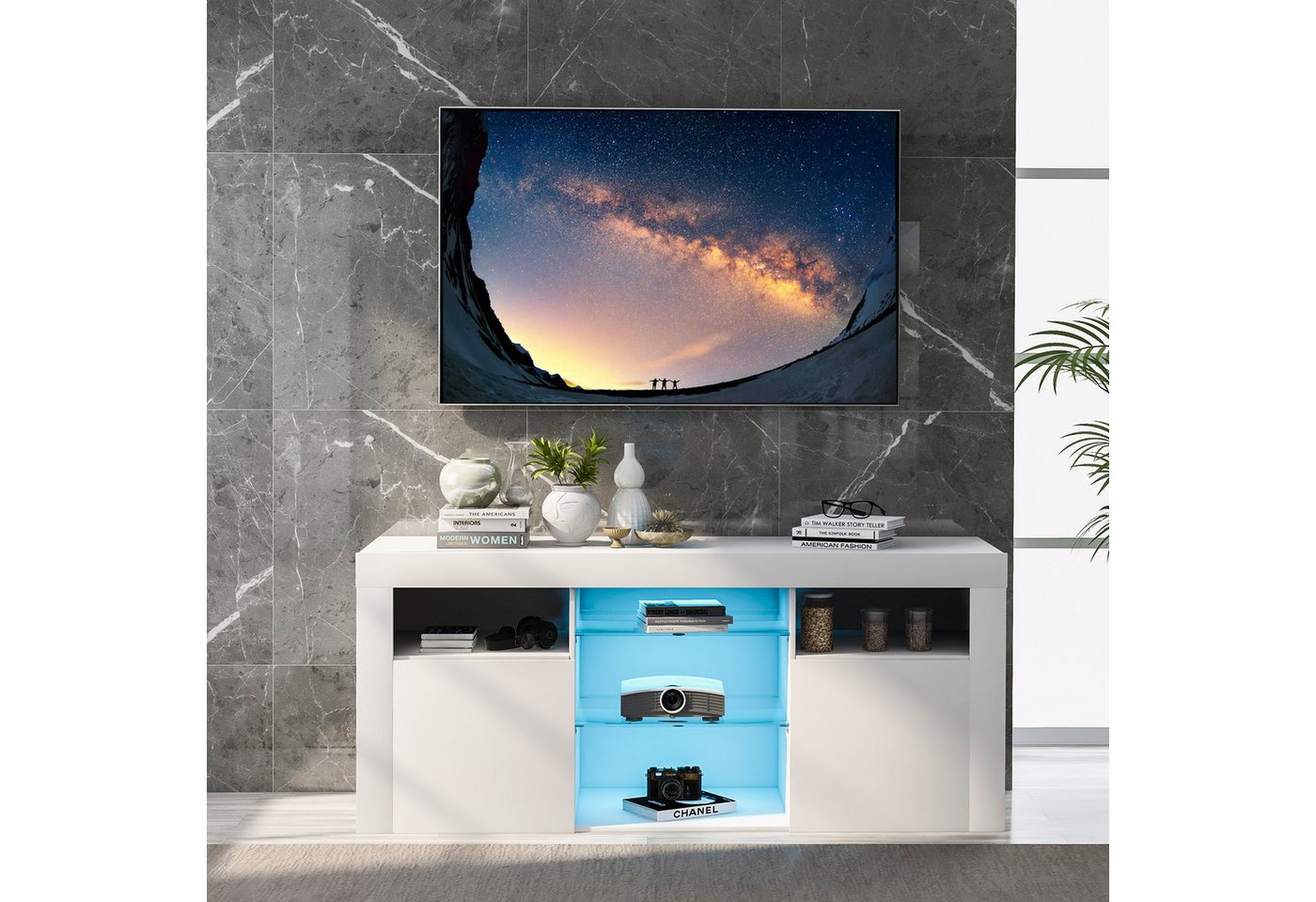 XDOVET TV-Schrank LED-TV-Ständer, TV-Tisch, mit 2 Schränken mit Türen 120*35*50cm 5 Offenen Regalen 16-farbige LED-Beleuchtung TV-Möbel, Weiß von XDOVET