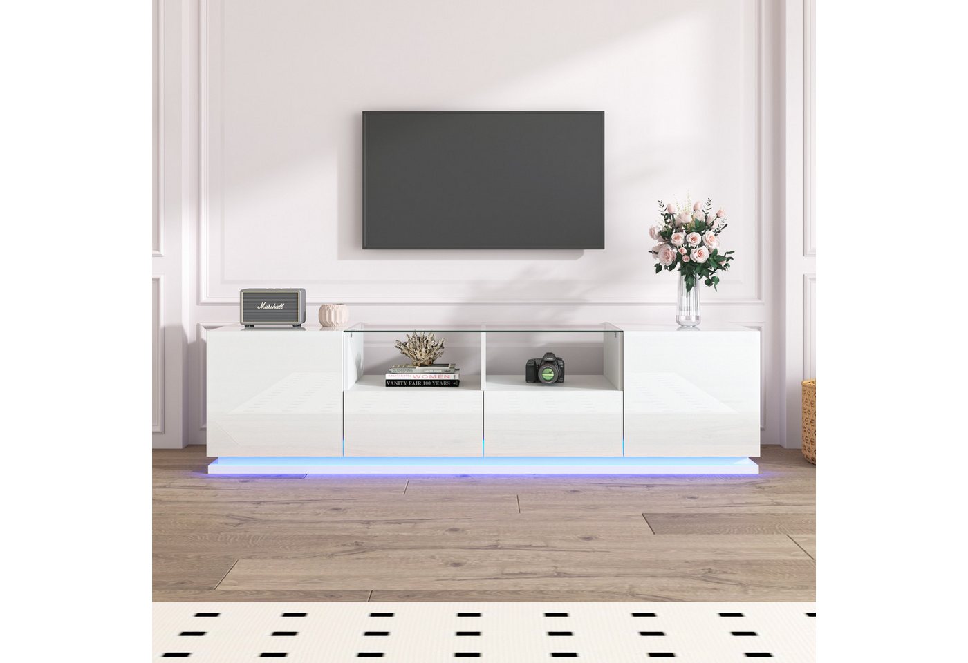 XDOVET TV-Schrank Lowboard Hochglänzender TV-Schrank mit Glasböden Zwei Schubladen und Türen Mehrfarbigen LED-Lichteffekten von XDOVET