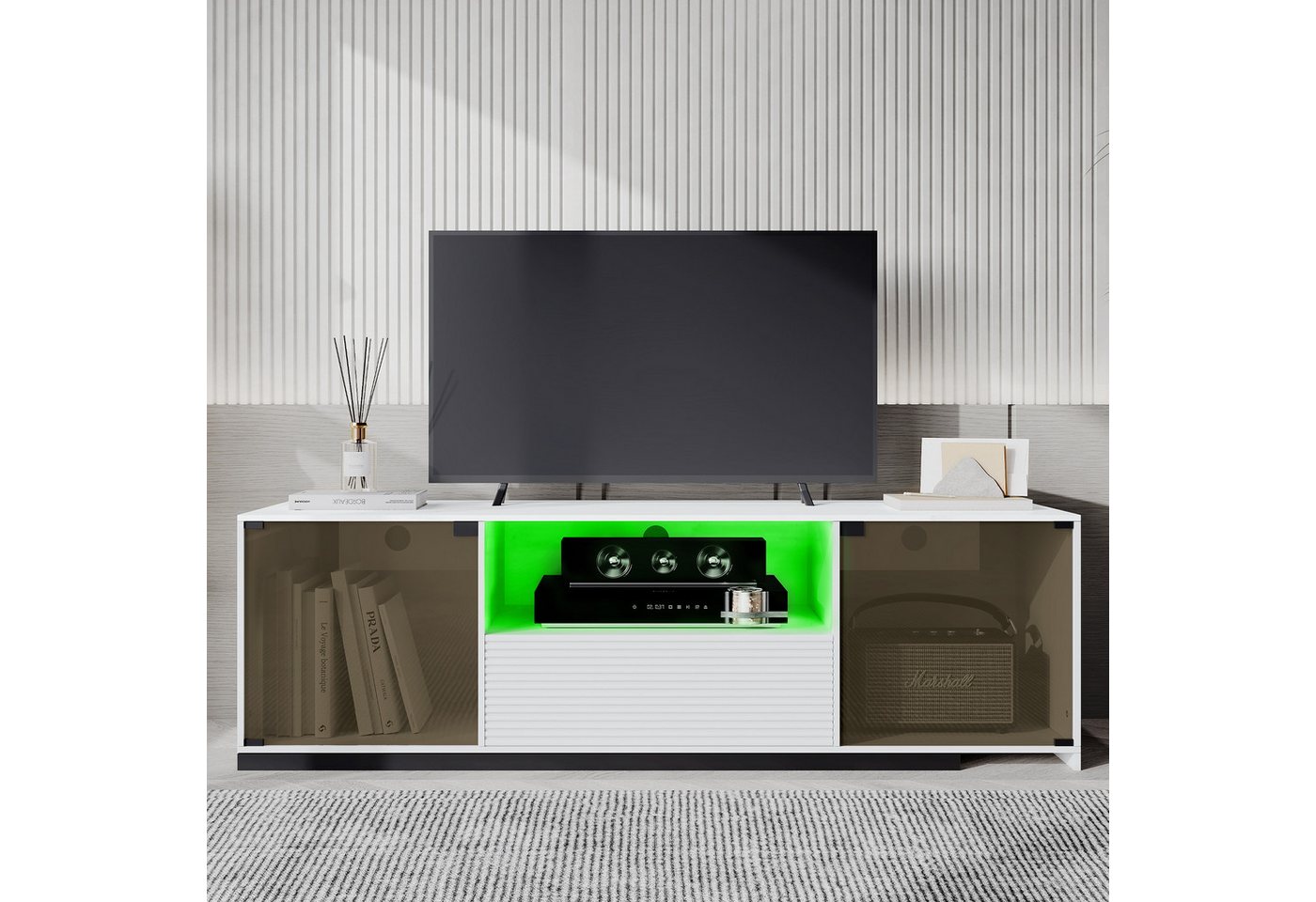 XDOVET TV-Schrank Lowboard mit 15 Farben LED-Beleuchtung und Schiebedesign 140cm Marmorgeäderter Tischplatte Glasdesign 2 Türen, 1 Schublade von XDOVET