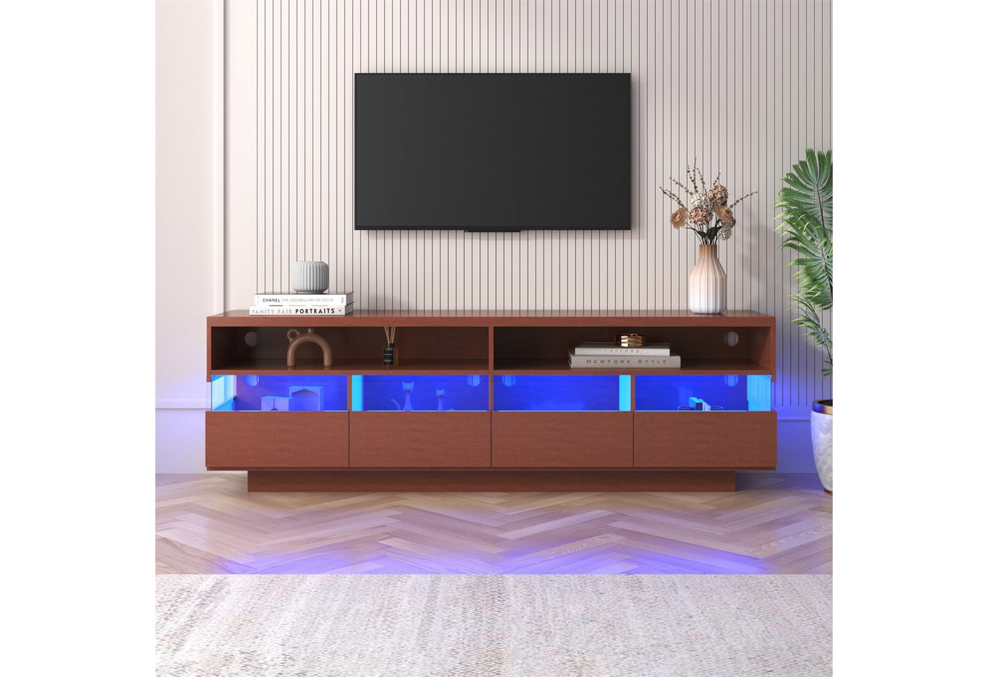 XDOVET TV-Schrank Schrank aus Holz, Niedriges Panel, Mehrfarbige LED-Beleuchtung Zwei Fächer und Vier Große Schubladen, Viel Stauraum von XDOVET