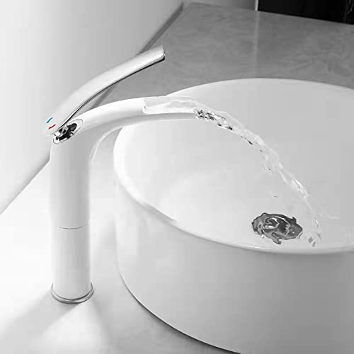 Armatur Aufsatzwaschbecken, Wasserfall-Badezimmer-Waschtischarmatur, Messing Waschtischarmatur Wasserfall Mit Keramikventil,weiß+silber von XDSMB