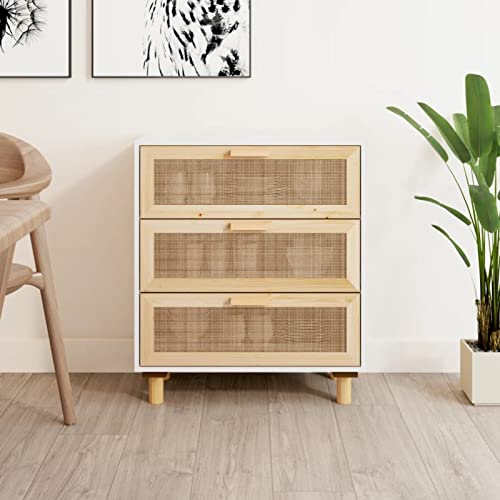 XIAOGUANG Sideboard, Kommode Schlafzimmer, Komodenschrank, Flur Möbel, Apothekerschrank, Wohnzimmerschrank, Beistellschrank, Flur Schrank, Weiß 60x30x70 cm Massivholz Kiefer und Natur-Rattan von XIAOGUANG