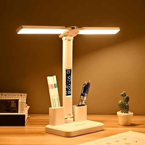 XINFUFEIMING 5W LED Schreibtischlampe Kinder, Dimmbare Akku Schreibtischleuchte Kabellos mit Uhr/Stifthalter/LCD Display/Kalender/Temperatur, 3 Lichtfarben 3600mAh Batterie für Mädchen Jungen von XINFUFEIMING