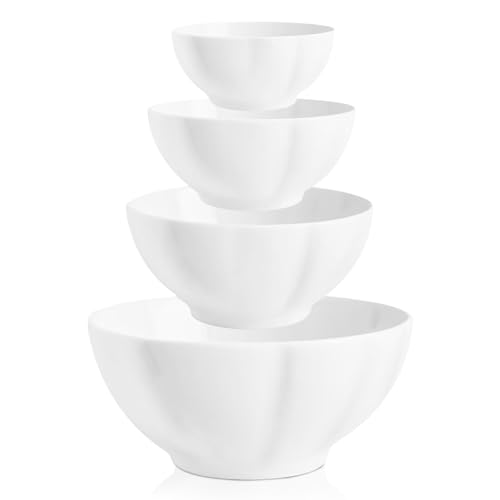 4-teilig Porzellan Cremeweiß Müslischalen Set, 1500ml 750ml 400ml 300ml, Salatschüssel Suppenschüssel Reisschale, Snackschale Dessertschale für Salat, Suppen, Ramen, Obst usw. von XINLTC