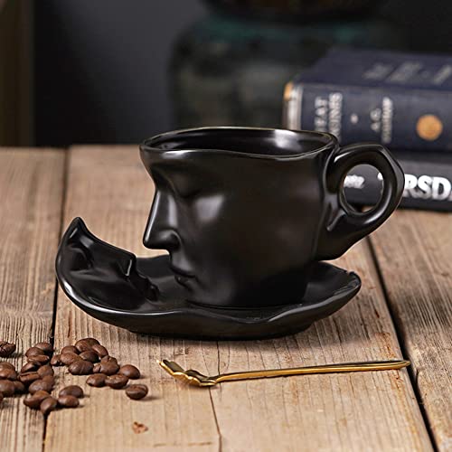 XIUWOUG Kaffeetassen mit Gesicht,Kaffeetassen Set,Tasse mit Gesicht,Dickwandige Tassen mit Unterteller,260 ml,Schwarz von XIUWOUG