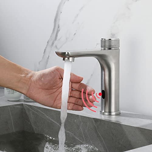 XJTNLB Infrarot Wasserhahn mit Sensor Waschtischarmatur Sensor, Waschbecken Armaturen Induktion Badarmatur Armatur Einhebelmischer für Badezimmer, Gebürstetes von XJTNLB