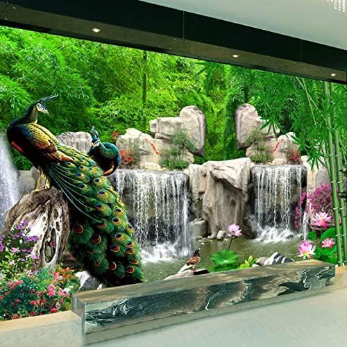XLMING Landschaft Wasserfall Bambus Wald Stein Pfau Küche Esszimmer Arbeitszimmer Wohnzimmer TV Hintergrund Wand 3D Tapete-200cm×140cm von XLMING