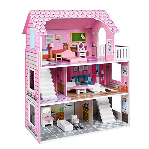 XMTECH Puppenhaus aus Holz Barbie Haus, mit Möbeln und Zubehör, Doll House Puppenvilla Dollhouse, Puppenstube Spielhaus Spielzeug Spielset mit DREI Spielebenen, für Mädchen Kinder Kinderzimmer, Typ A von XMTECH