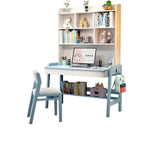 XNZJHPP Desktop-Computertisch aus massivem Holz mit Bücherregal, ideal für das Heimbüro oder Schüler (Blue+Chair B 120x60x193cm) von XNZJHPP