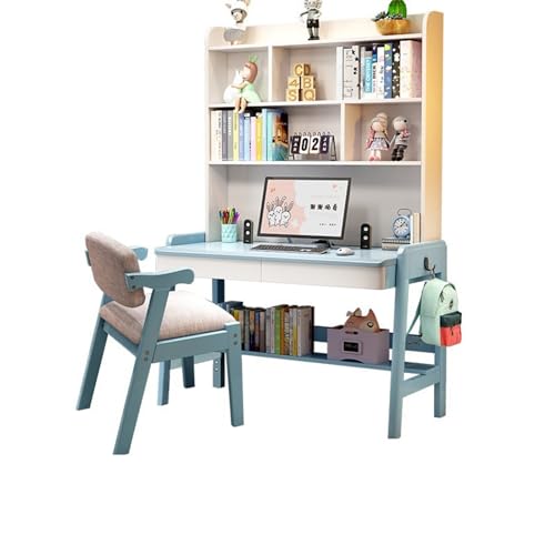 XNZJHPP Desktop-Computertisch aus massivem Holz mit Bücherregal, ideal für das Heimbüro oder Schüler (Blue+Chair a 100x60x193cm) von XNZJHPP
