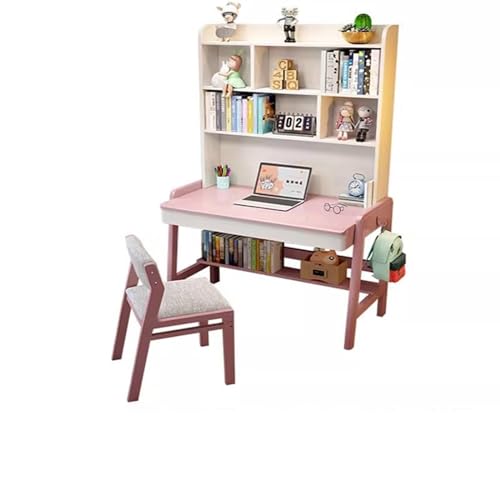 XNZJHPP Desktop-Computertisch aus massivem Holz mit Bücherregal, ideal für das Heimbüro oder Schüler (Pink+Chair B 120x60x193cm) von XNZJHPP