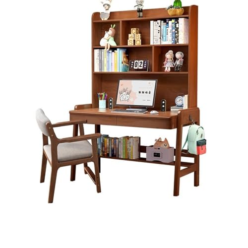 XNZJHPP Desktop-Computertisch aus massivem Holz mit Bücherregal, ideal für das Heimbüro oder Schüler (Walnut+Chair C 70x60x193cm) von XNZJHPP