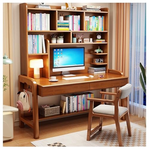 XNZJHPP Höhenverstellbarer Schreibtisch aus Massivholz mit integriertem Bücherregal, vielseitiger Schreibtisch für Studenten und Erwachsene (Walnut No Chair 105x60x173cm) von XNZJHPP