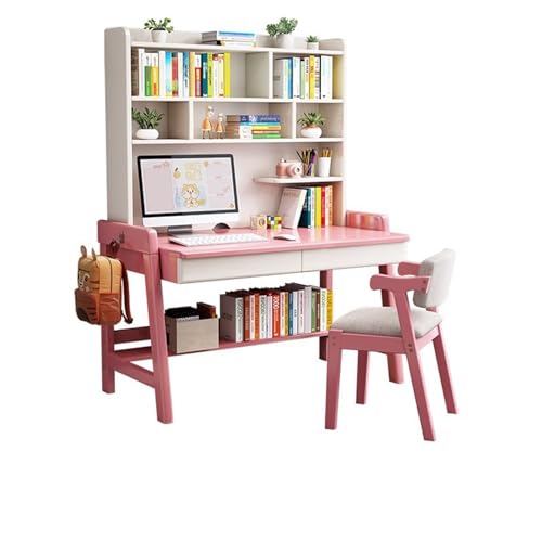XNZJHPP Massivholz-Schreibtisch mit integriertem Bücherregal, ideal für das Heimbüro oder Schlafzimmer, praktischer Massivholz-Schreibtisch (Pink+Chair a 100x60x186cm) von XNZJHPP