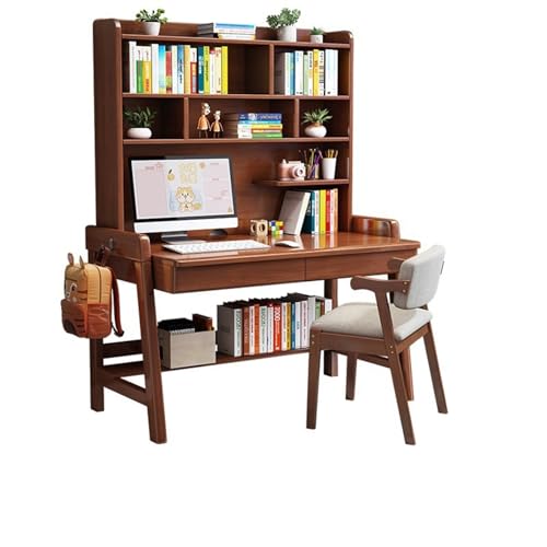 XNZJHPP Massivholz-Schreibtisch mit integriertem Bücherregal, ideal für das Heimbüro oder Schlafzimmer, praktischer Massivholz-Schreibtisch (Walnut+Chair a 100x60x186cm) von XNZJHPP