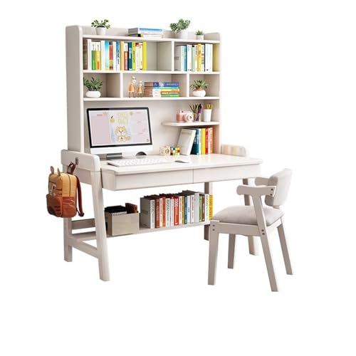 XNZJHPP Massivholz-Schreibtisch mit integriertem Bücherregal, ideal für das Heimbüro oder Schlafzimmer, praktischer Massivholz-Schreibtisch (White+Chair a 100x60x186cm) von XNZJHPP