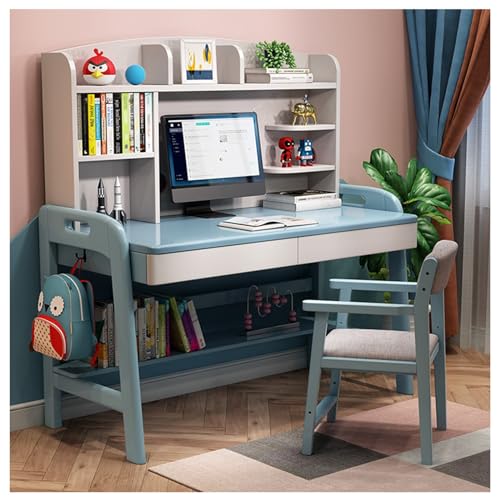 XNZJHPP Minimalistischer Schreibtisch aus massivem Holz mit integriertem Bücherregal, für das Heimbüro oder das Studentenzimmer (Blue No Chair 120x60x135cm) von XNZJHPP