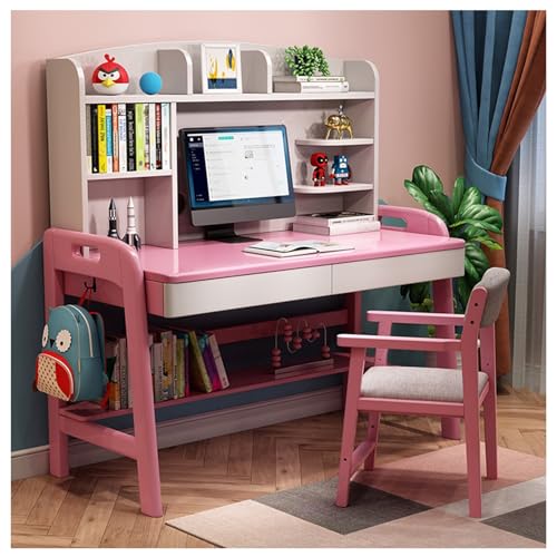 XNZJHPP Minimalistischer Schreibtisch aus massivem Holz mit integriertem Bücherregal, für das Heimbüro oder das Studentenzimmer (Pink+Chair 80x60x135cm) von XNZJHPP