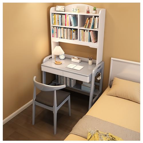 XNZJHPP Moderner Schreibtisch aus Massivholz mit integriertem Bücherregal, platzsparend, Verstellbarer Schreibtisch für das Heimbüro (Gray+Chair 80x60x180cm) von XNZJHPP