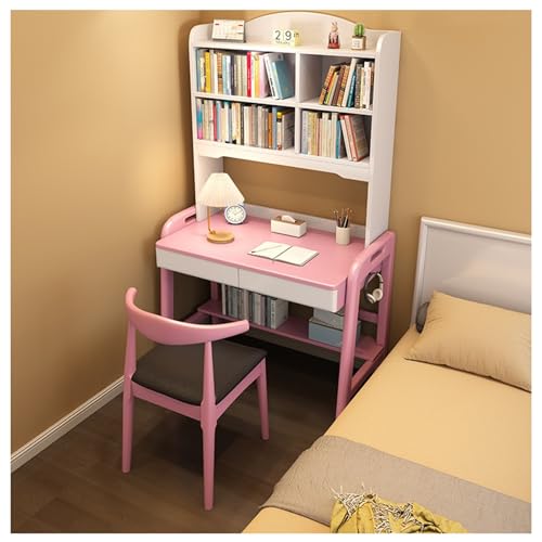 XNZJHPP Moderner Schreibtisch aus Massivholz mit integriertem Bücherregal, platzsparend, Verstellbarer Schreibtisch für das Heimbüro (Pink+Chair 100x60x180cm) von XNZJHPP