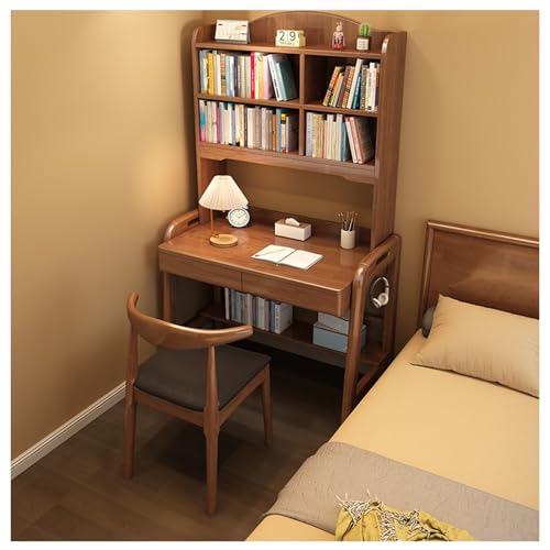 XNZJHPP Moderner Schreibtisch aus Massivholz mit integriertem Bücherregal, platzsparend, Verstellbarer Schreibtisch für das Heimbüro (Walnut No Chair 120x60x180cm) von XNZJHPP