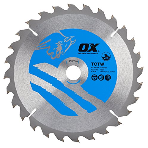 OX OX-TCTW-1902028 Wood Cutting Circular 190/30mm, 28 Teeth ATB Saw Blade, Silver/Blue, 190/20 mm von OX Tools