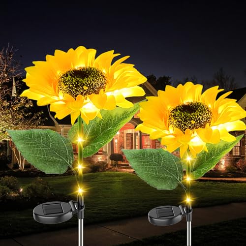 XRR Solarlampen für Außen 2 Stück Sonnenblumen Solarleuchten Garten Deko mit Leuchtende Stängel IP65 Wasserdicht Solar Wegeleuchten Außen für Rasen, Terrasse,Hof, Gehweg von XRR