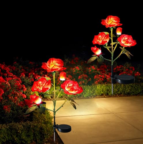 XRR Solarlampen für Außen Garten 2 Stück Solarleuchten Garten Deko mit 10 LED Rose Lichter, Wasserdicht Solar Gartenleuchte für Hochzeiten,Büsche, Rasenflächen, Zäune,Rasen (rot) von XRR