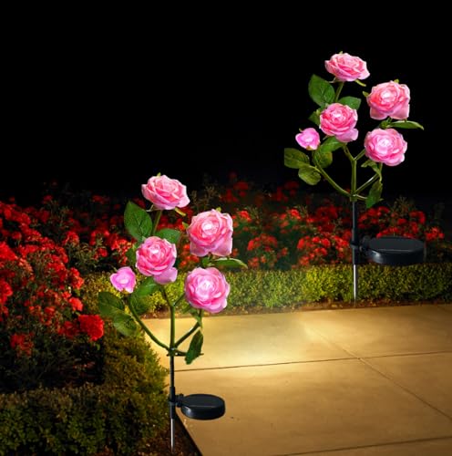 XRR Solarlampen für Außen Garten Solarleuchten Außen Deko mit 10 LED Rose Lichter - LED Solarleuchten Garten Dekoration für Büsche, Rasenflächen, Zäune, Rasen, Terrasse (Rosa) von XRR