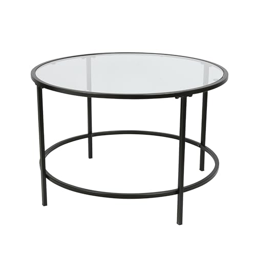 XUANYU ∅70 cm Runder Glastisch für Wohnzimmer Skandinavischer Couchtisch aus Hartglas und Metallgestell für Wohnzimmer, Balkon, Terrasse, Garten, Büro (Transparent-schwarz ∅70×45 cm) von XUANYU