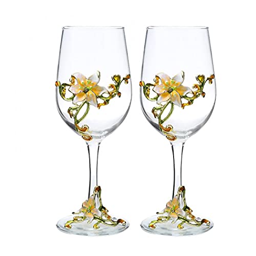 Handgefertigte bemalte Emaille-Blume Gin Ballon Glas Weinglas Set, Rotwein Set von 2 Stück, Geburtstagsgeschenk für Frauen Mama Freunde Muttertag bleifrei (gelbe Lilie (Set von 2) von XUDREZ