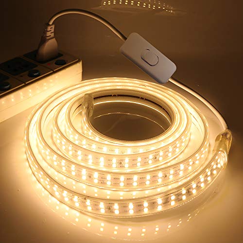 XUNATA Doppelreihe Warmweiß LED Strip mit Schalter, 220V 2835 SMD 180leds/m IP65 Wasserdicht, Flexibel LED Lichtband Seil Licht für Hausbeleuchtung Dekor Bar (Warmweiß, 8M) von XUNATA